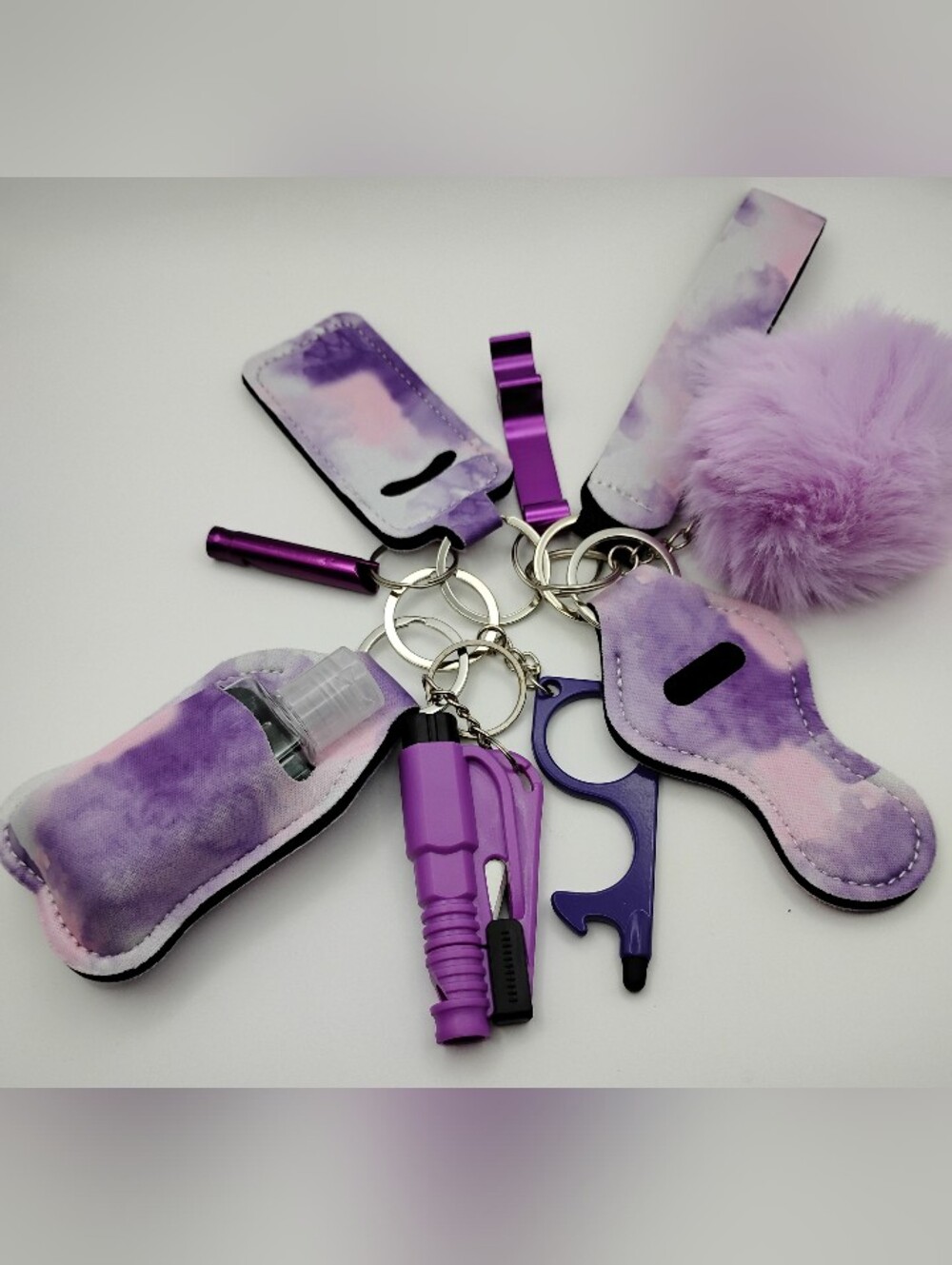 Purple Tie-Dye Protection Keychain Set with 8 Accessories & A Wrist Handle